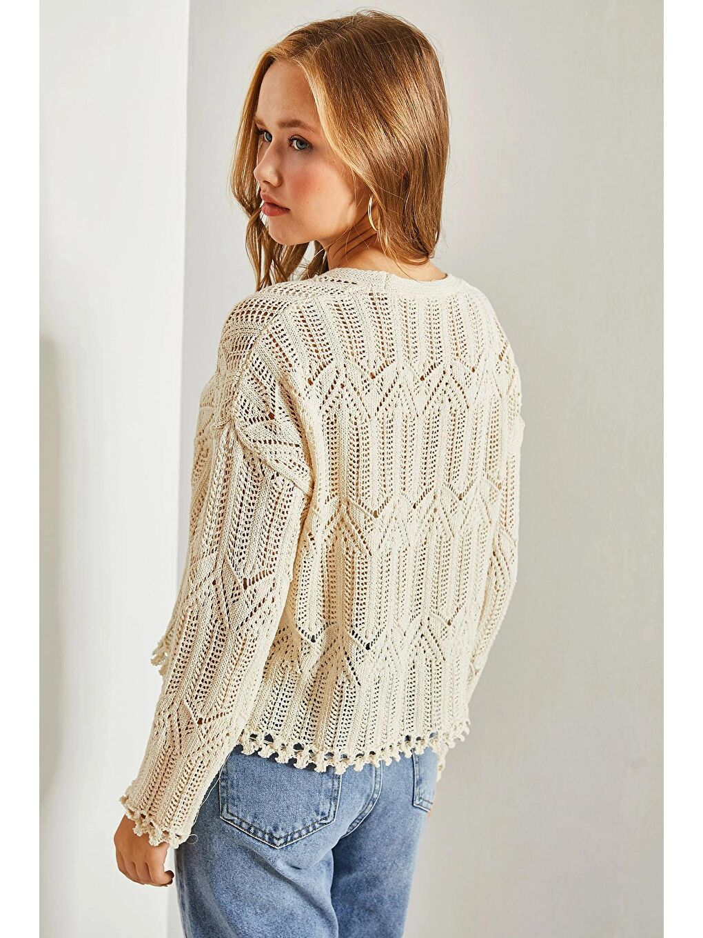 Ekru Kadın Desenli Ajurlu Kazak-1