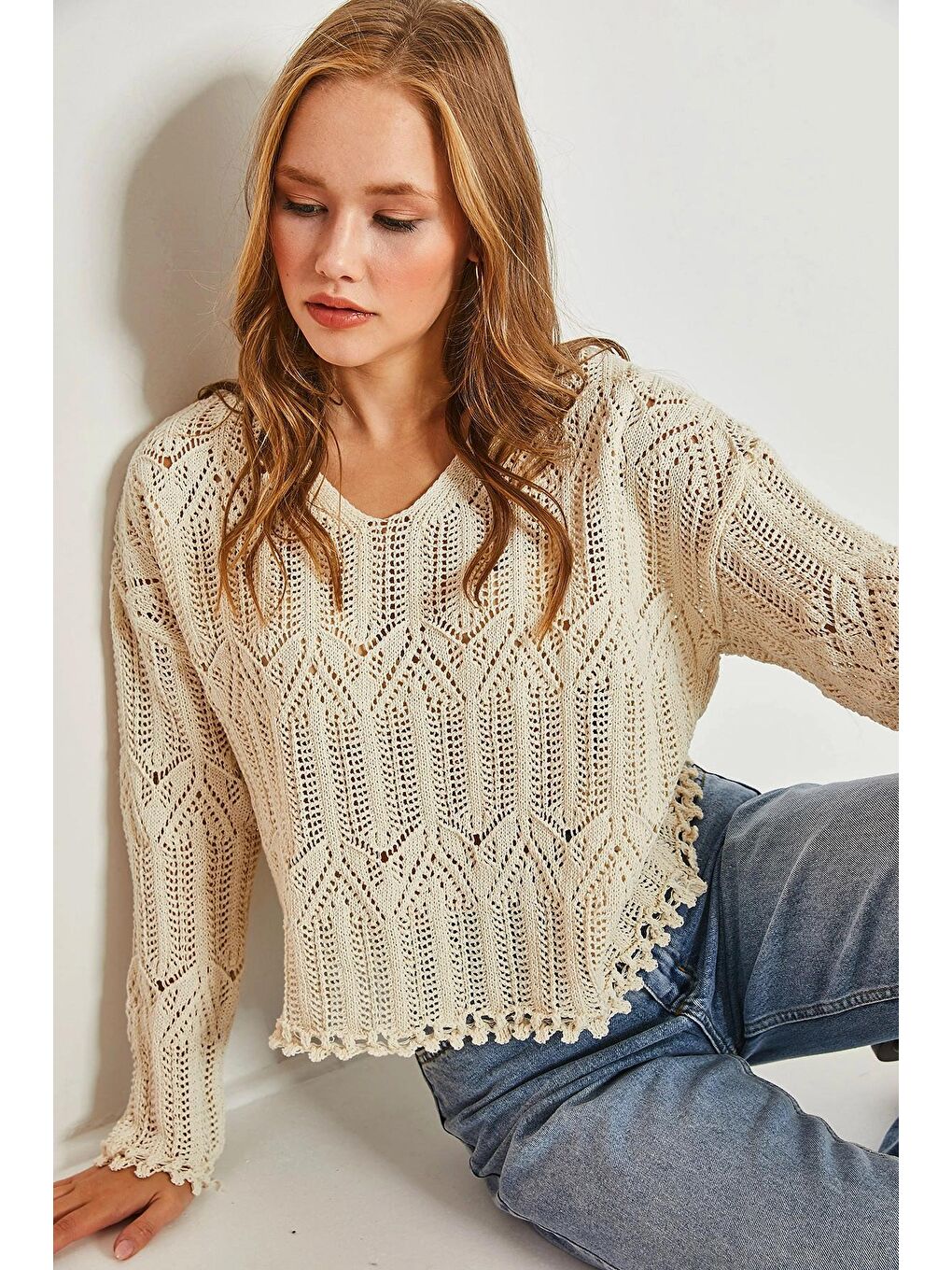 Ekru Kadın Desenli Ajurlu Kazak-2