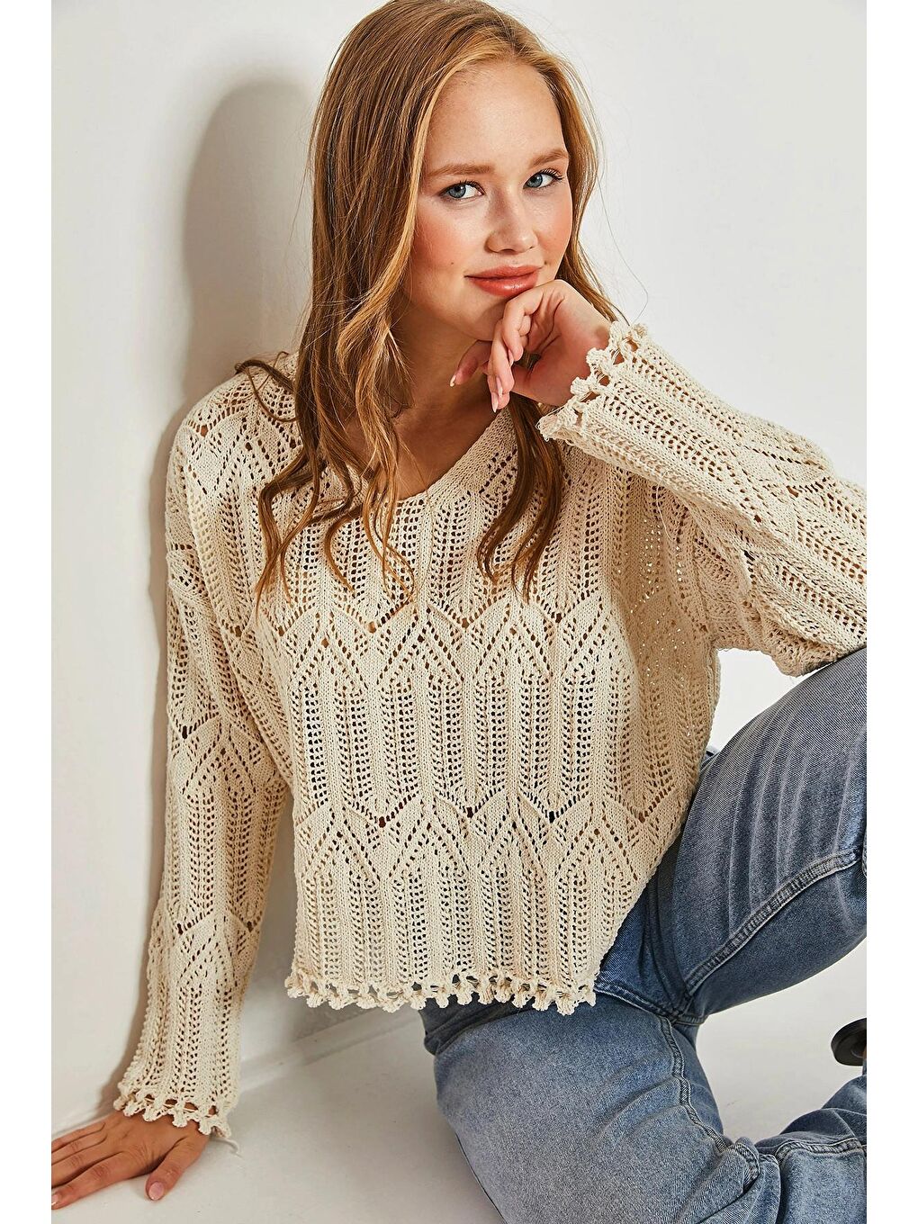 Ekru Kadın Desenli Ajurlu Kazak-3