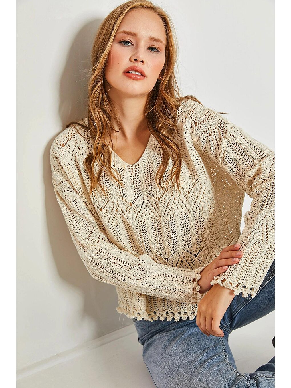 Ekru Kadın Desenli Ajurlu Kazak-4