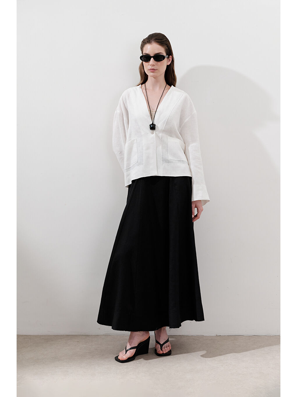 Keten Geniş Parçalı Etek Siyah