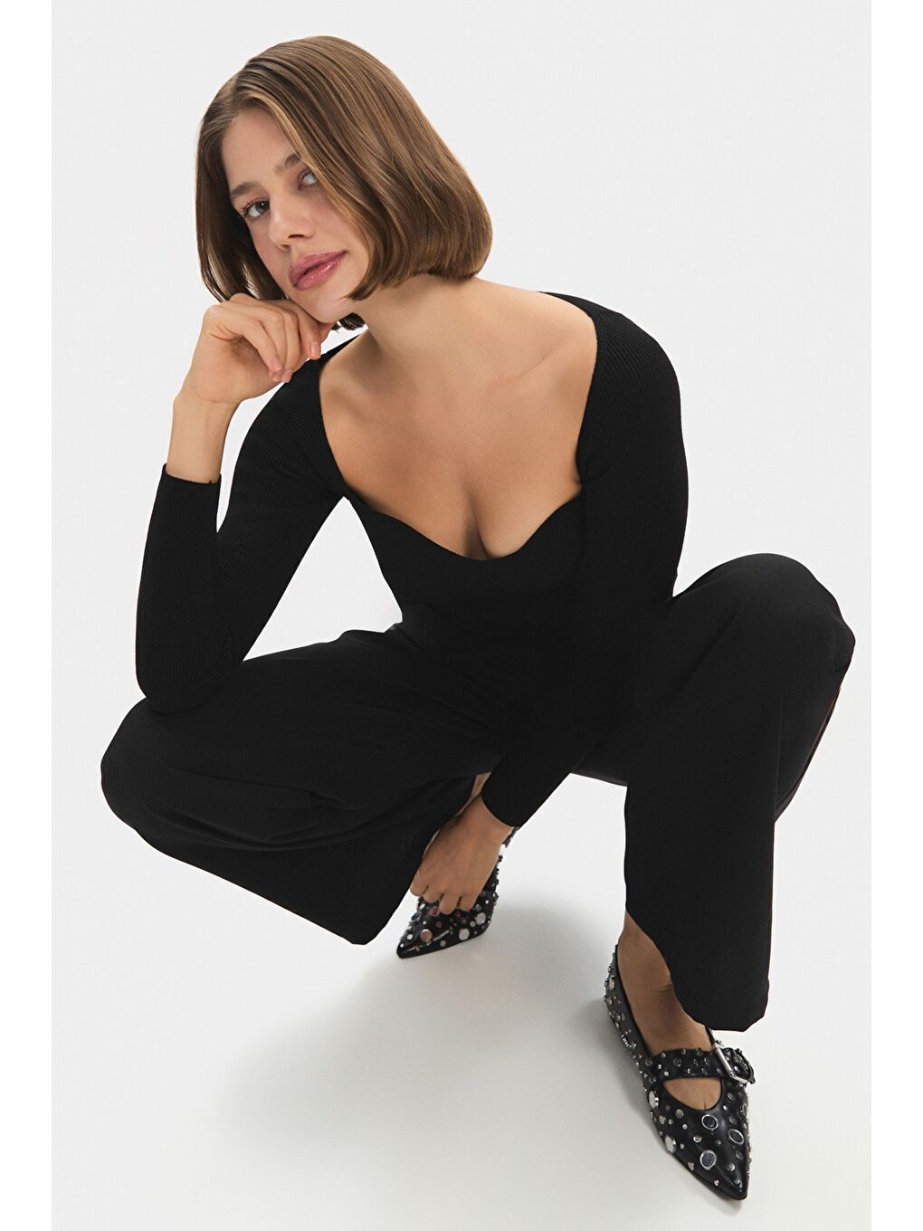 Siyah Kalp Yaka Triko Kazak-3