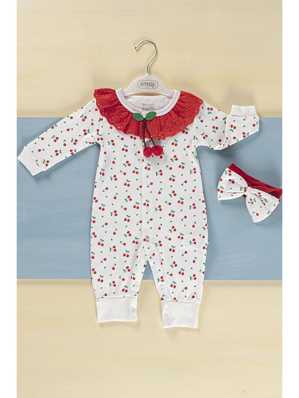 Kırmızı Kiraz Desenli Çıtçıtlı Tulum 16657