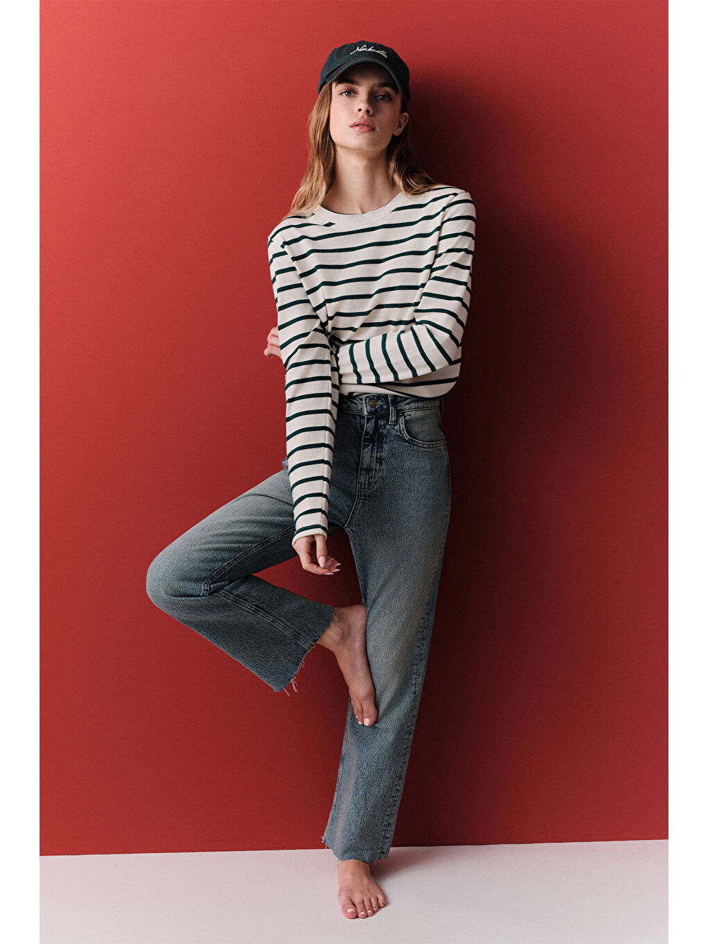 Çizgili Uzun Kol Regular Fit Tshırt Siyah-1