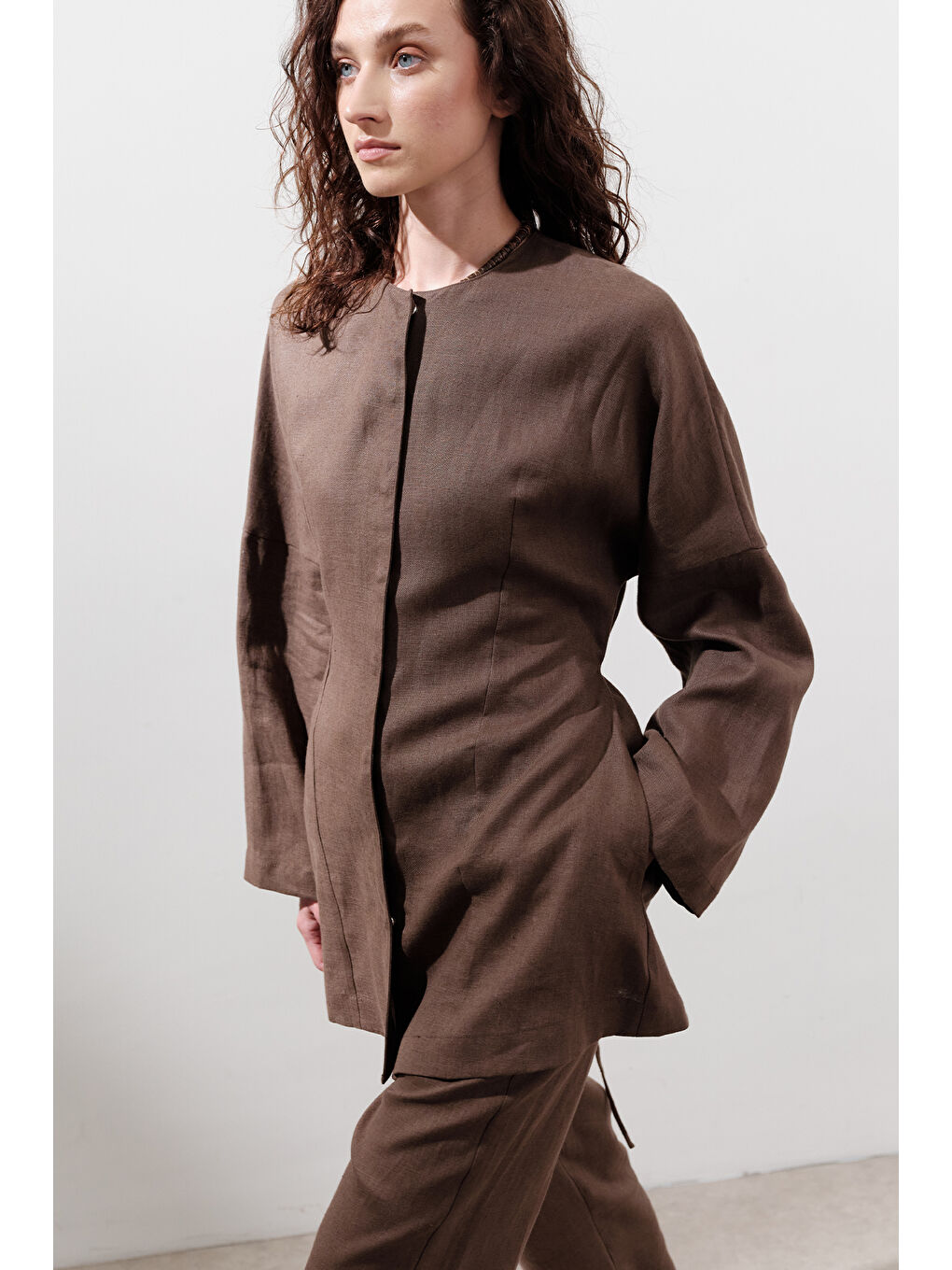 Kahverengi Keten Oturtmalı Ceket Tozlu Kahve-1