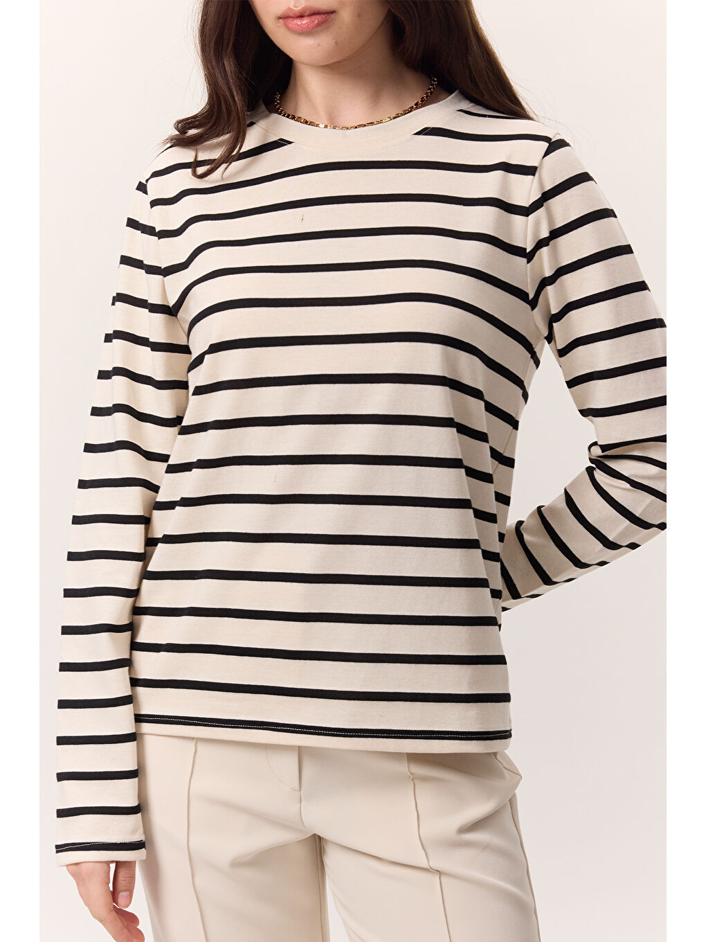 Çizgili Uzun Kol Regular Fit Tshırt Siyah-5