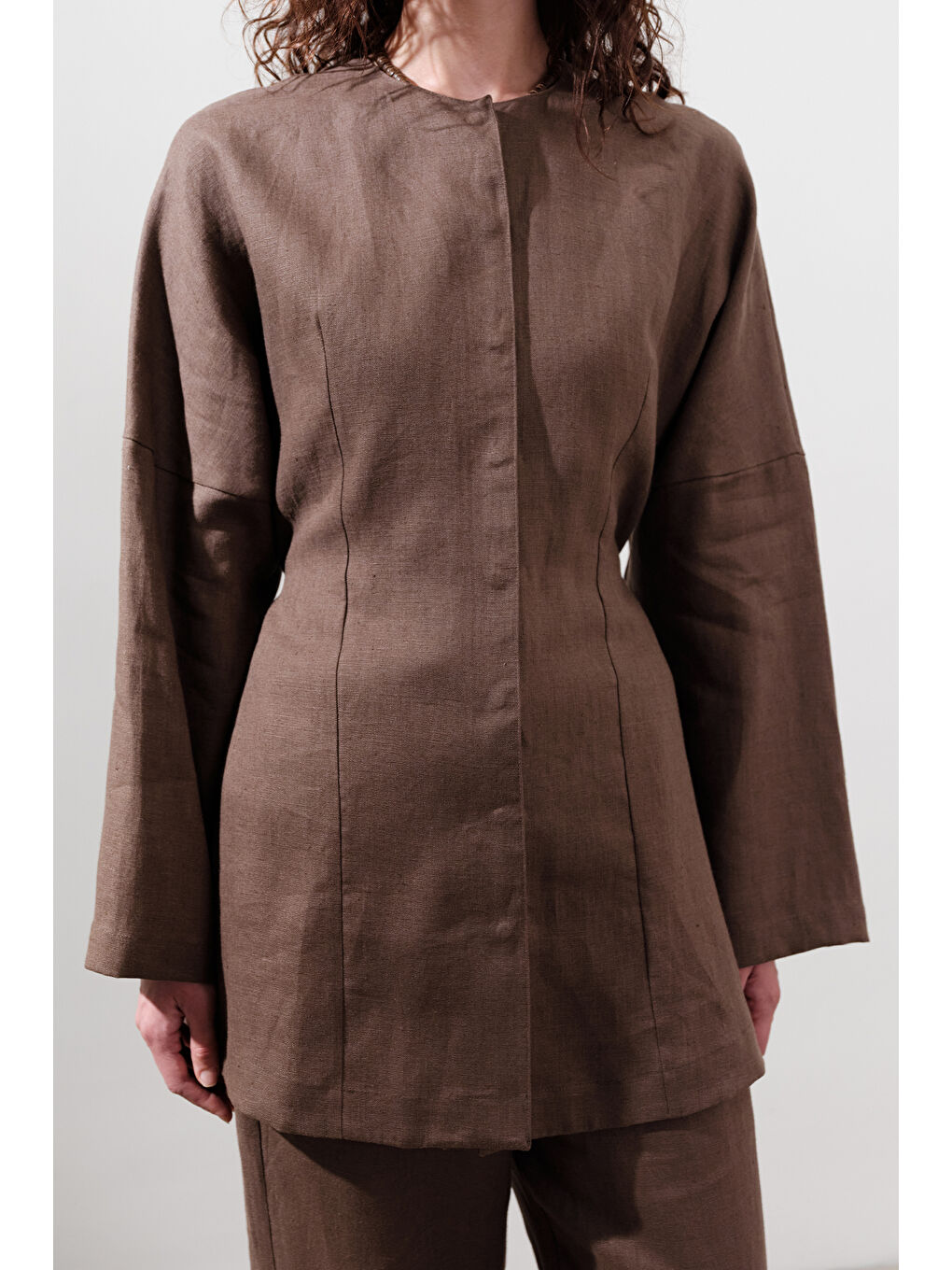 Kahverengi Keten Oturtmalı Ceket Tozlu Kahve-2