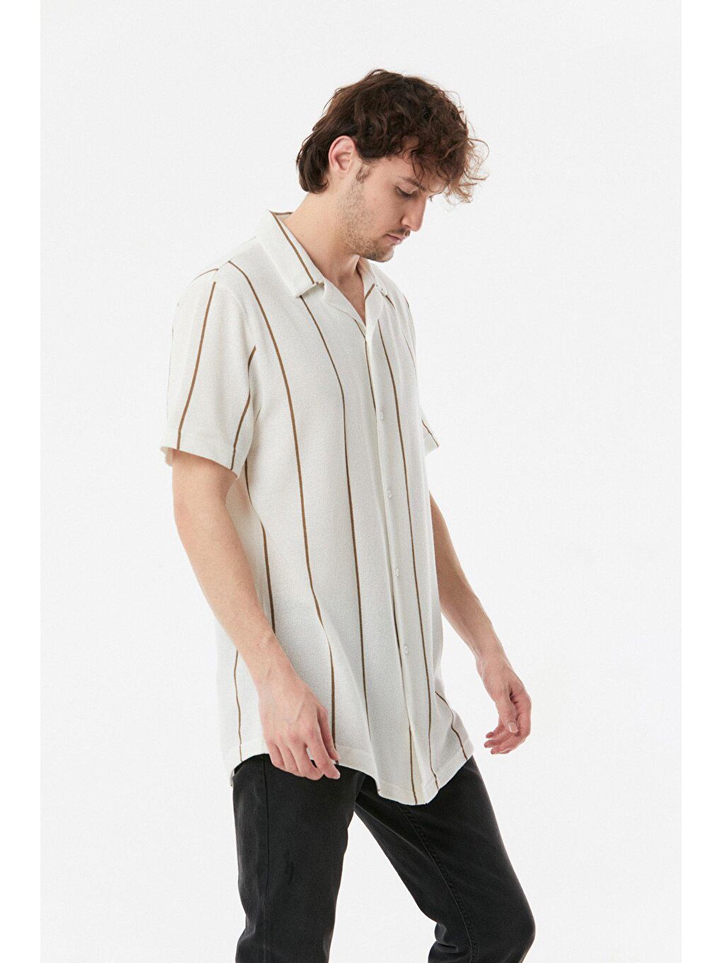 Bej Çizgili Salaş Gömlek-1