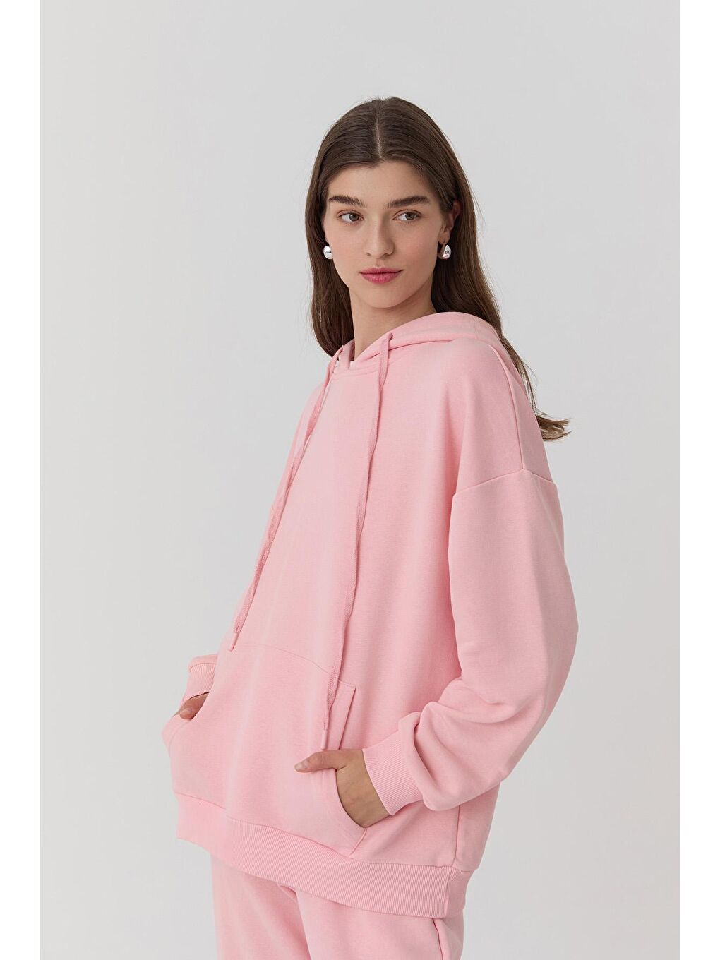 QUZU Pembe Oversize Kapüşonlu Sweatshirt Pembe