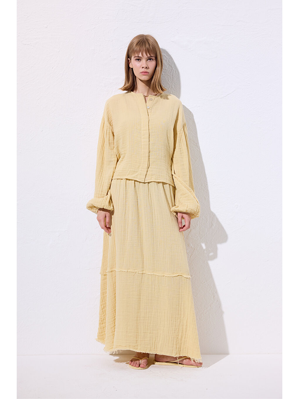 Müslin Balon Kol Kısa Bluz Sarı-4