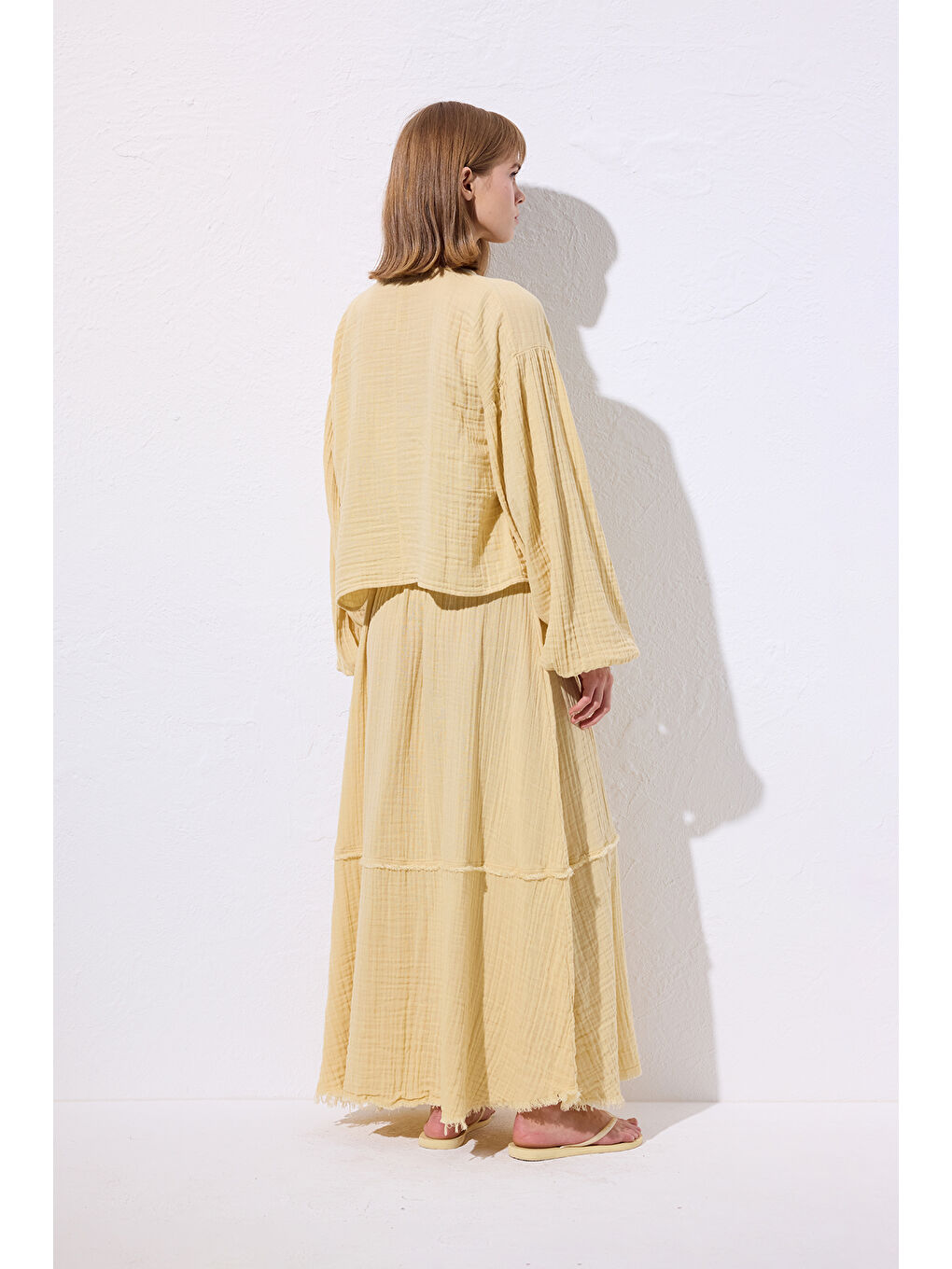 Müslin Balon Kol Kısa Bluz Sarı-5