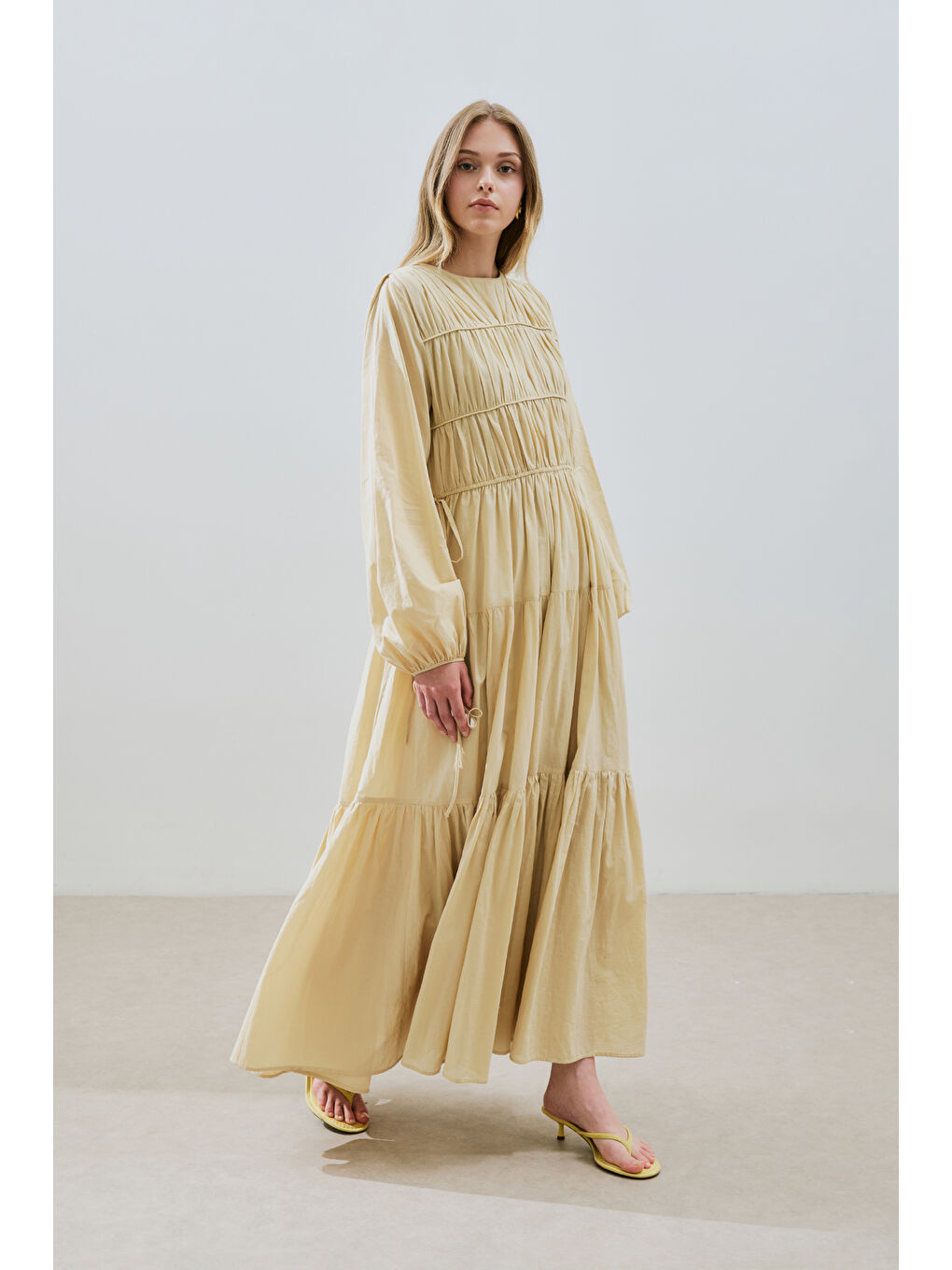 Büzgülü Uzun Kol Elbise Pastel Sarı-3