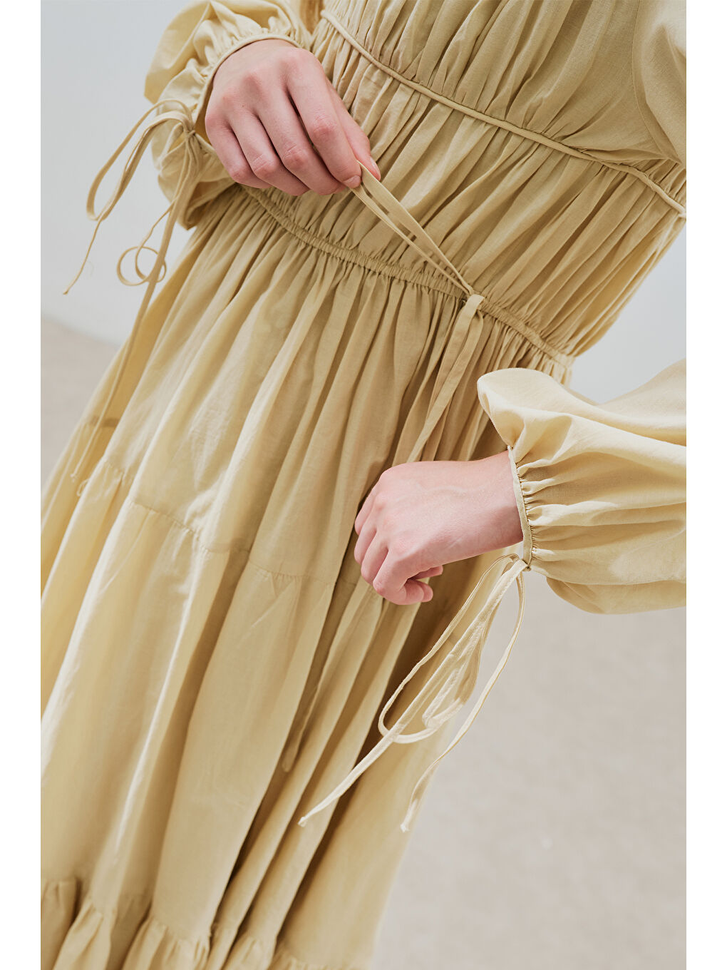 Büzgülü Uzun Kol Elbise Pastel Sarı-4