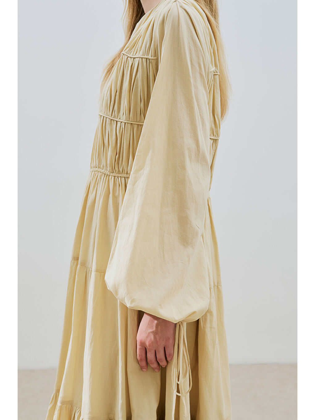 Büzgülü Uzun Kol Elbise Pastel Sarı-5