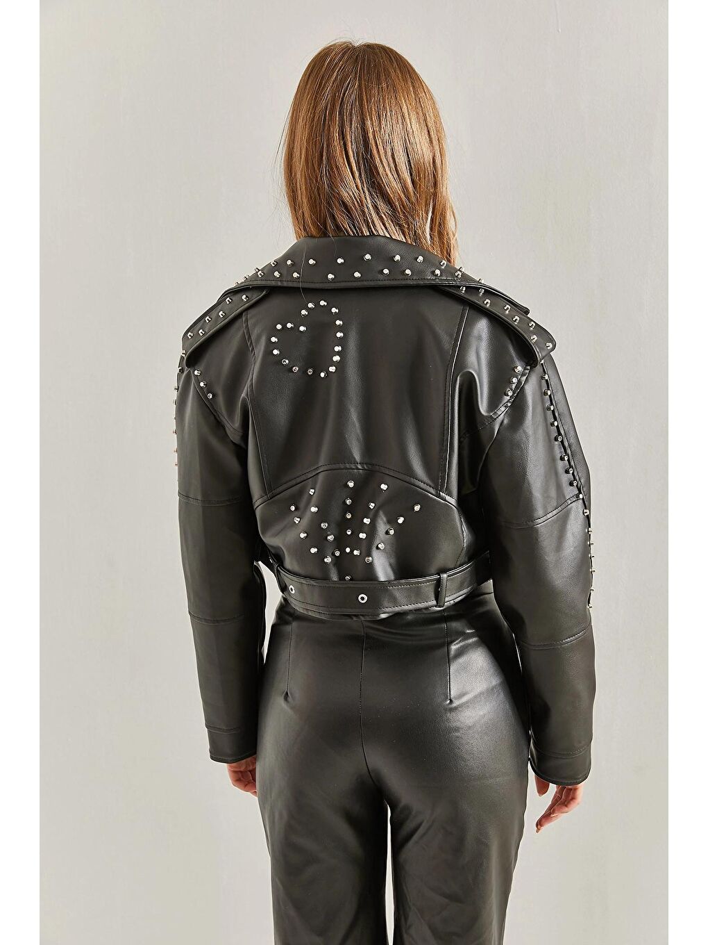 Siyah Kadın Çakımlı Motorcu Deri Ceket-4