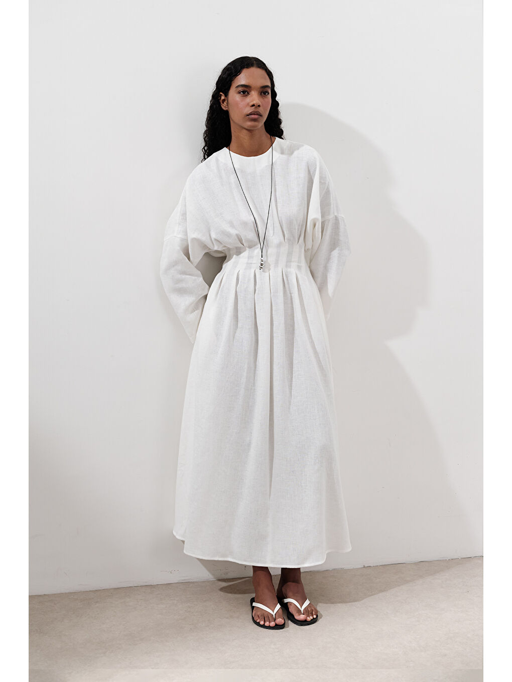 Keten Pile Detaylı Elbise Ekru-2