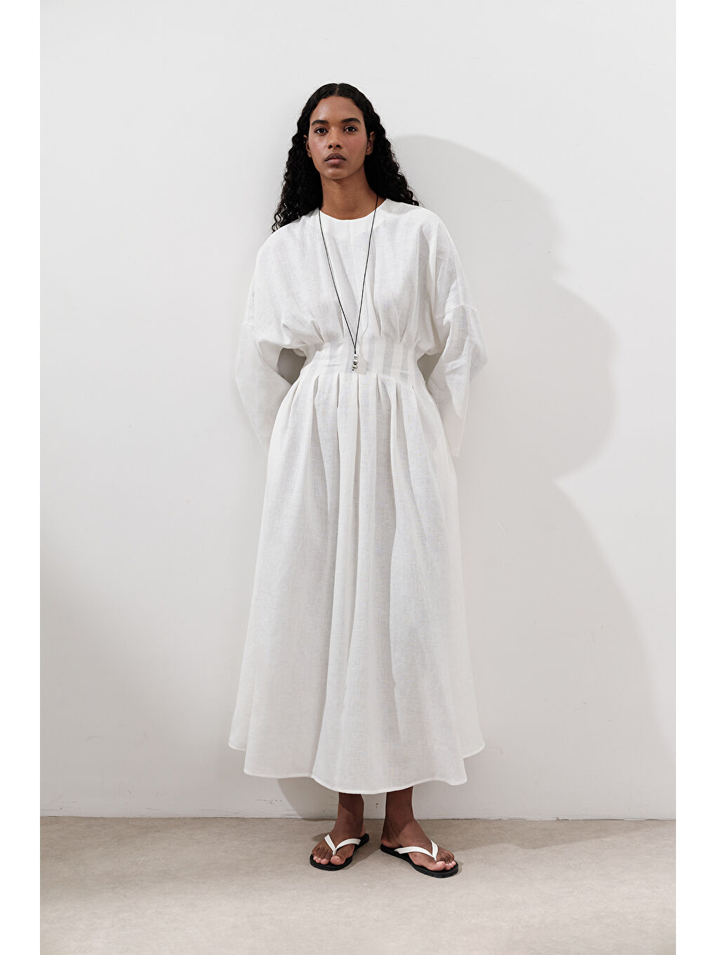 Keten Pile Detaylı Elbise Ekru-3