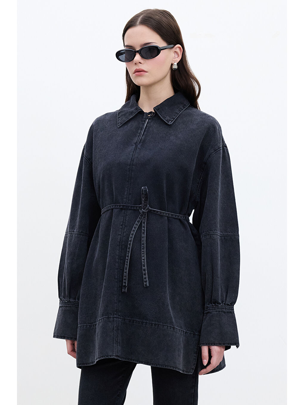 Geniş Manşetli Denim Gömlek Siyah-1