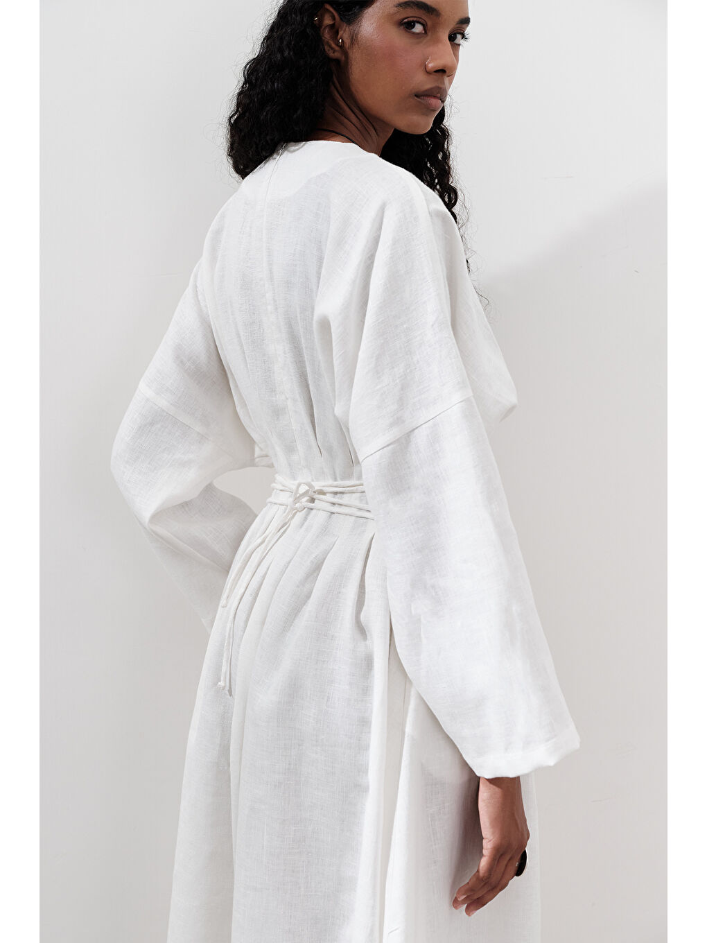 Keten Pile Detaylı Elbise Ekru-4