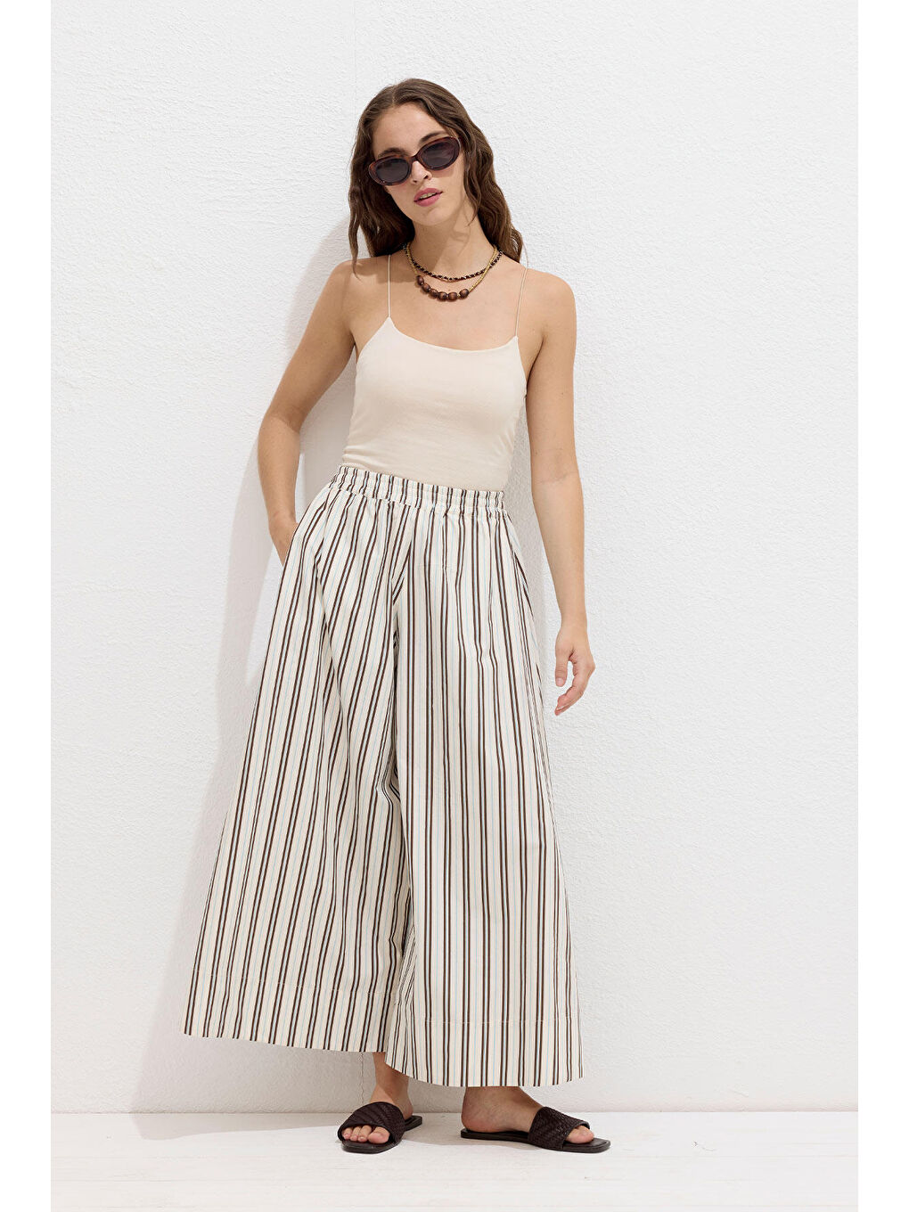 Çizgili Pamuklu Pantolon Bej Çizgi-2