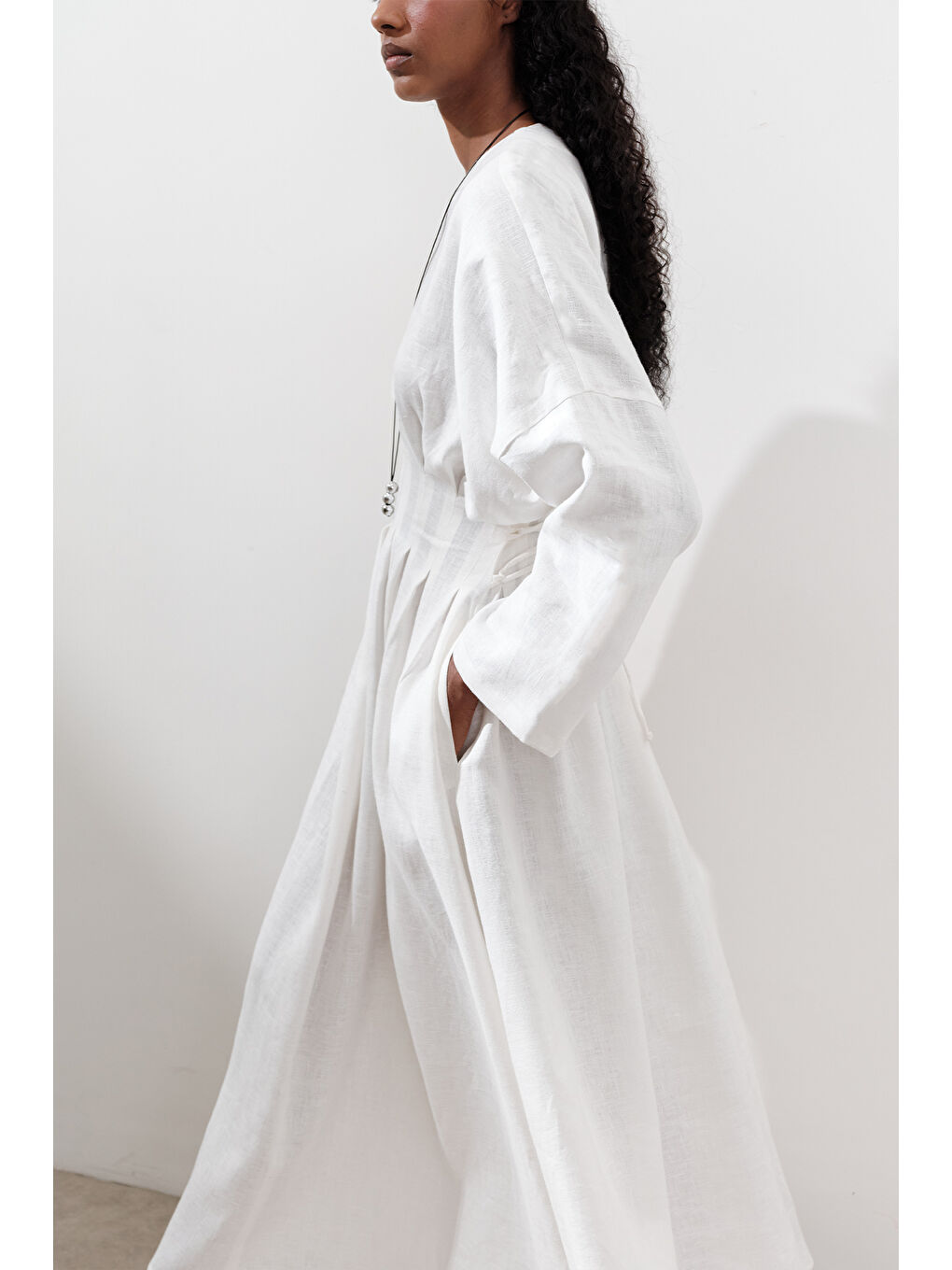 Keten Pile Detaylı Elbise Ekru-5