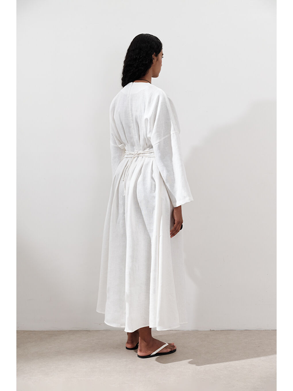 Keten Pile Detaylı Elbise Ekru-6