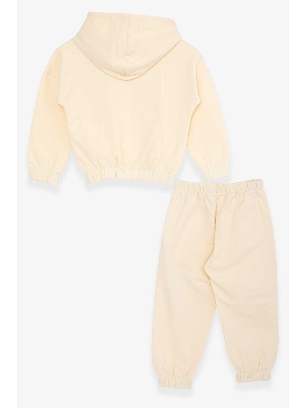 Ekru Kız Çocuk Eşofman Takımı Yazı Baskılı Kapüşonlu Krem (3-7 Yaş)-1