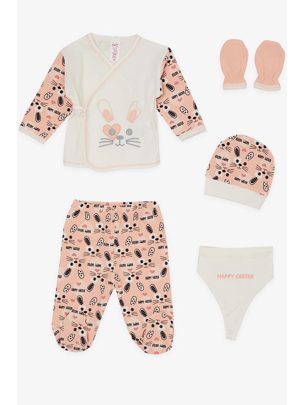 Kız Bebek Hastane Çıkışı 5 li Paskalya Temalı Sevimli Tavşancık Desenli Ekru (3 Ay)