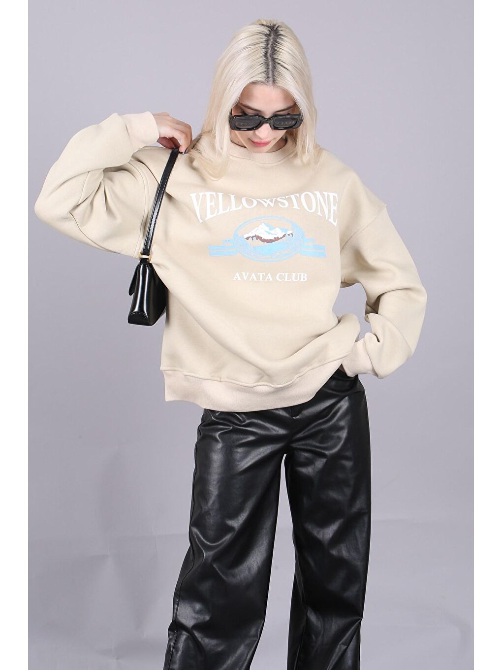 Bej Bisiklet Yaka Baskılı Sweatshirt Mg1571-1