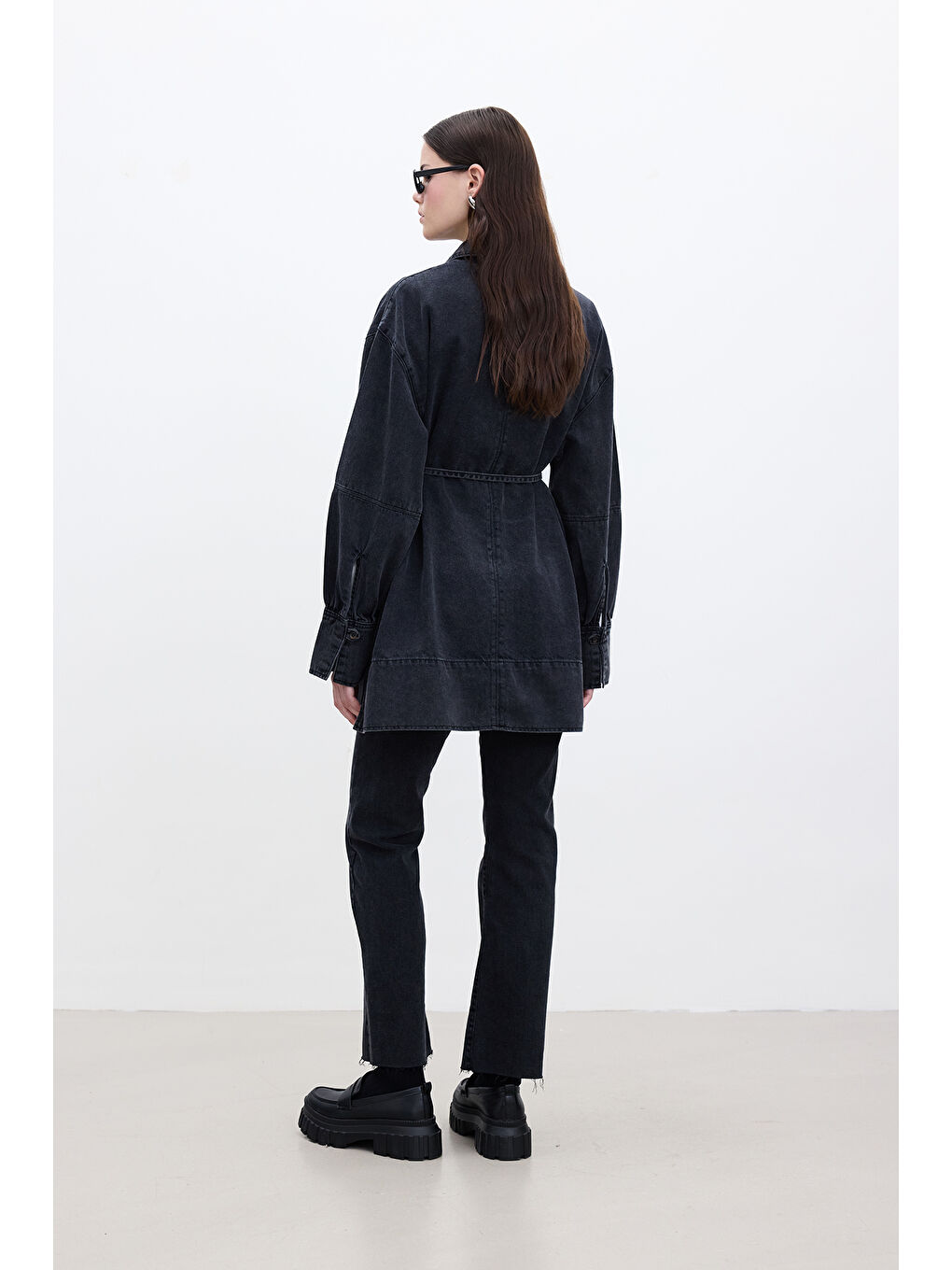 Geniş Manşetli Denim Gömlek Siyah-7