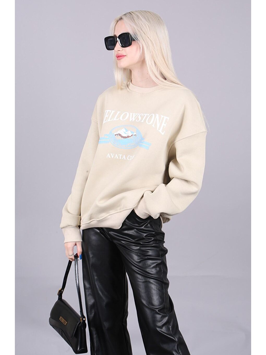 Bej Bisiklet Yaka Baskılı Sweatshirt Mg1571-2