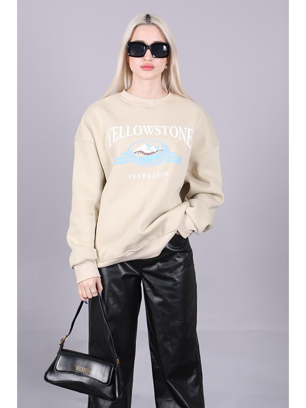 Bej Bisiklet Yaka Baskılı Sweatshirt Mg1571-3