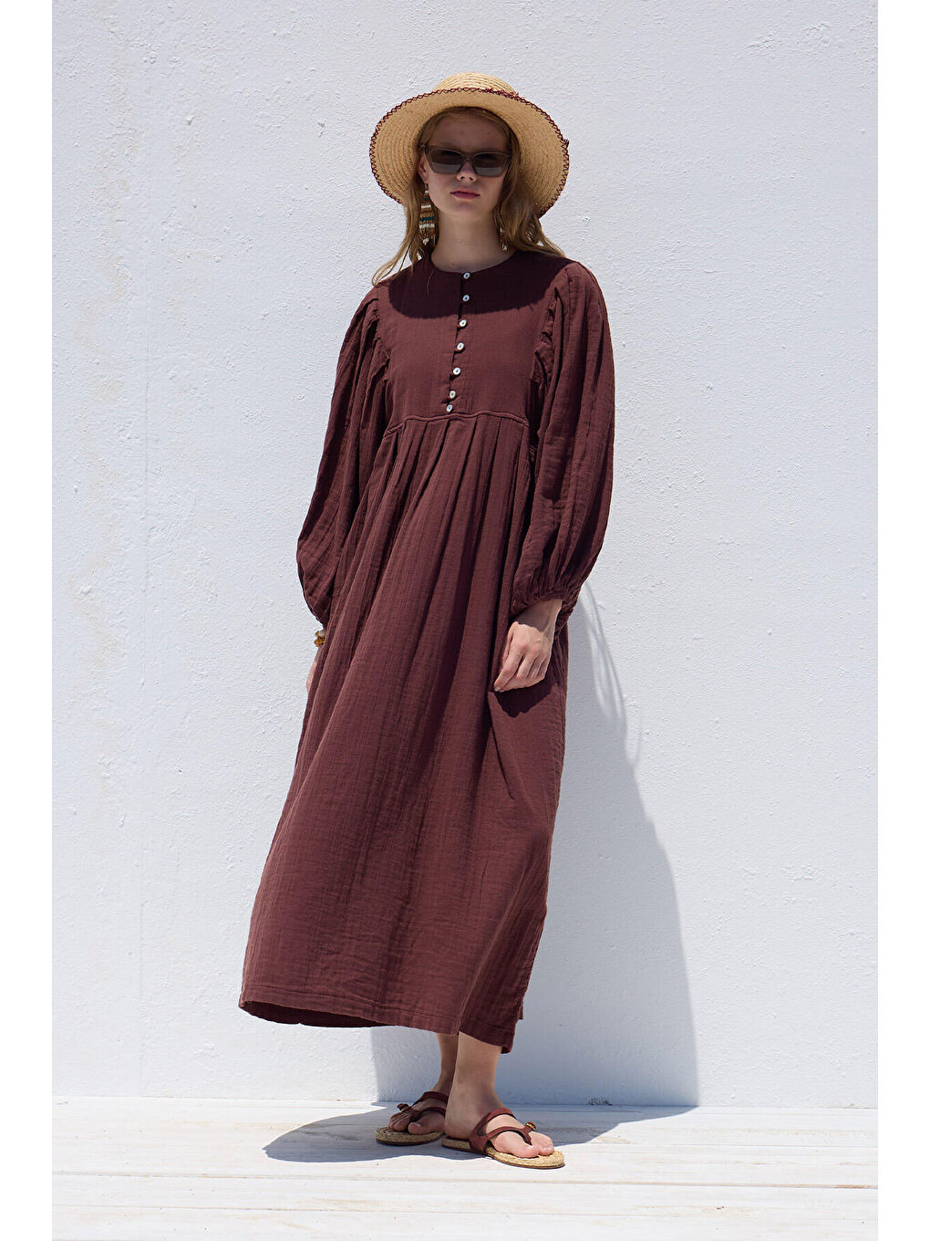 Pile Detaylı Müslin Elbise Bordo-2