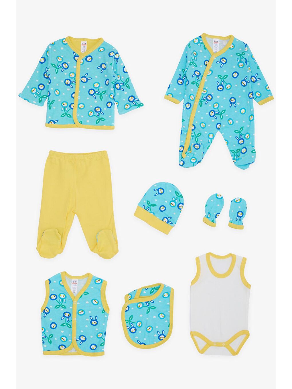 Erkek Bebek Hastane Çıkışı 8 li Gülenyüz Kiraz Desenli Turkuaz (0-3 Ay)