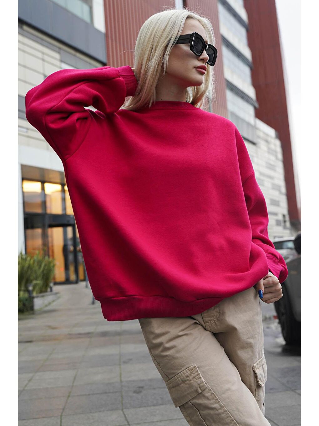 Madmext Fuşya Bisiklet Yaka Basic Sweatshirt MG1559 - 4