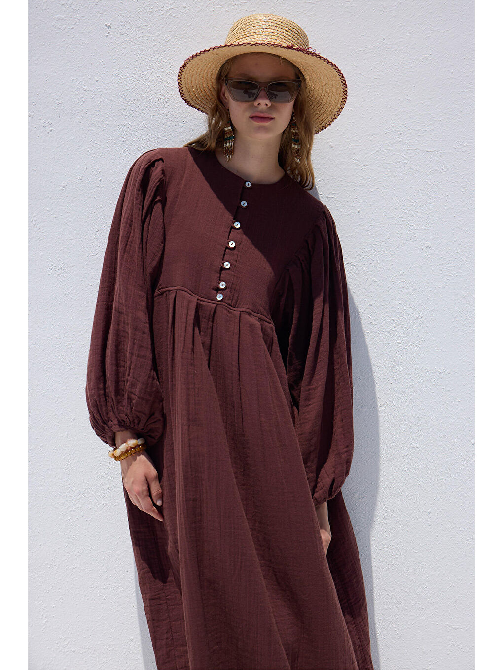 Pile Detaylı Müslin Elbise Bordo-4