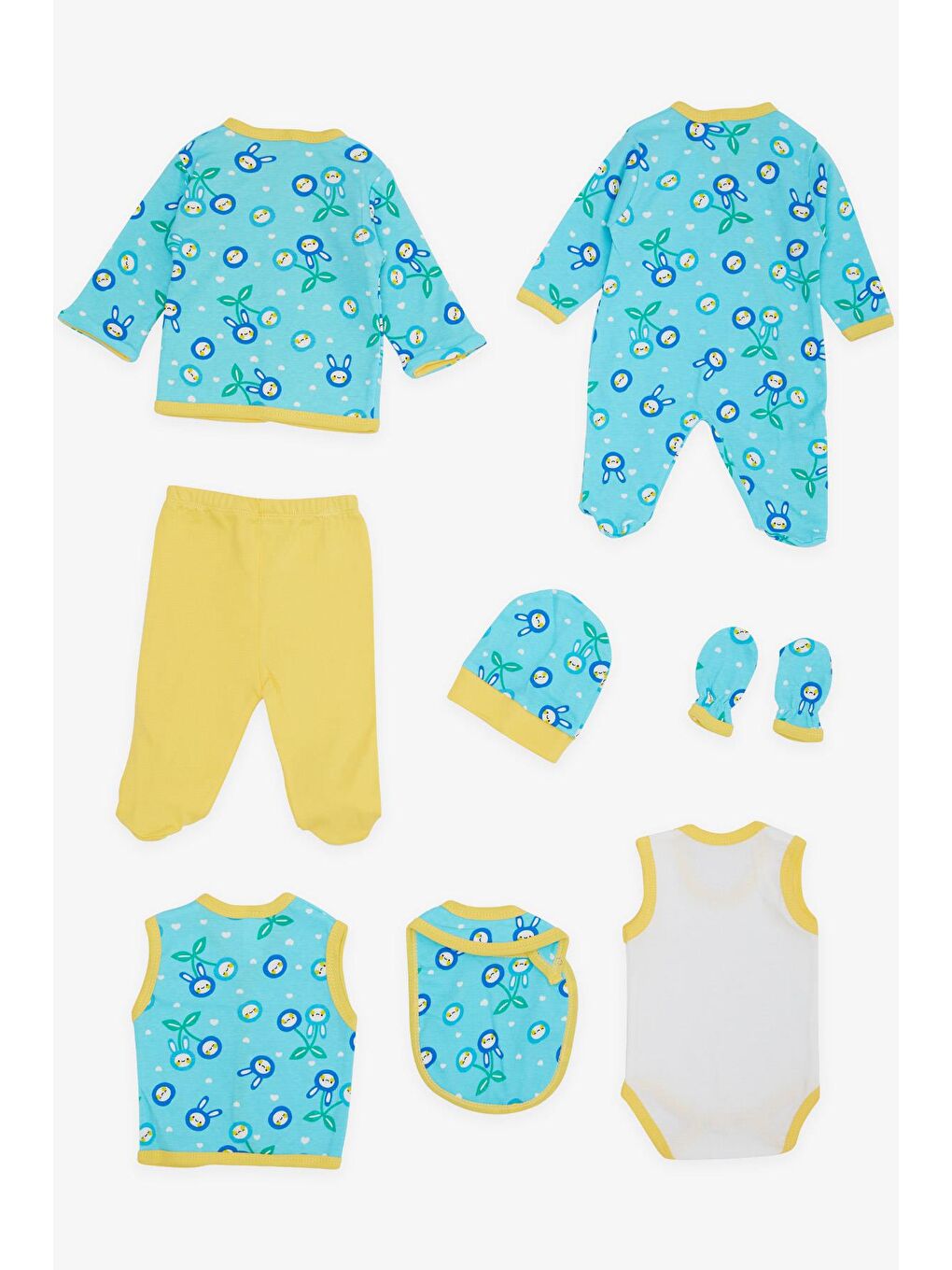 Erkek Bebek Hastane Çıkışı 8 li Gülenyüz Kiraz Desenli Turkuaz (0-3 Ay)-1