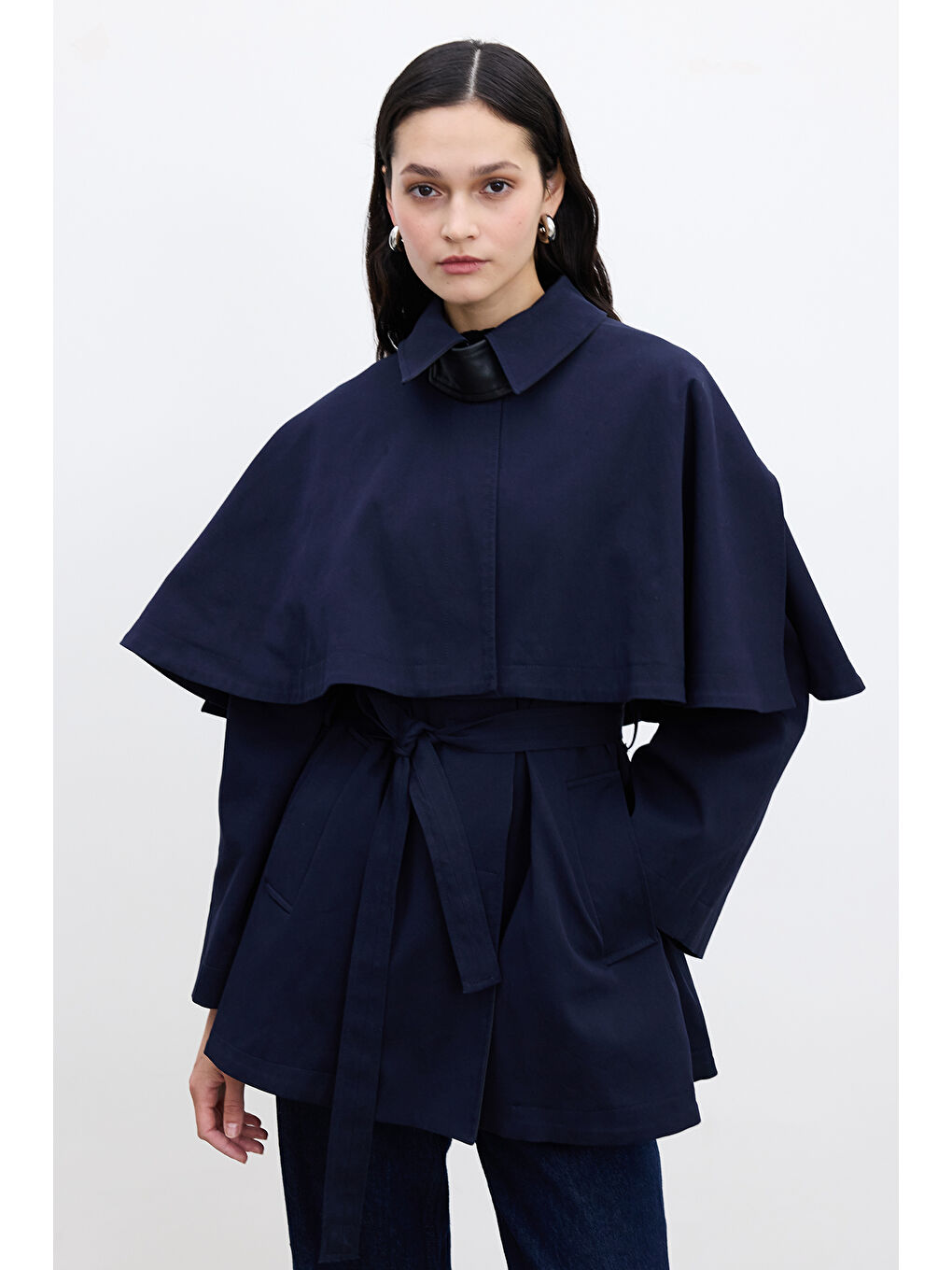 Pelerin Detaylı Trençkot Lacivert-1