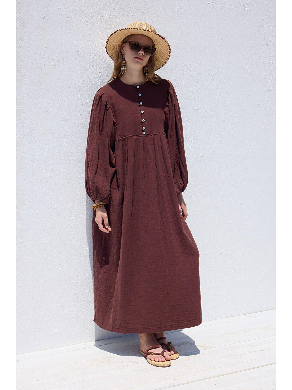 Pile Detaylı Müslin Elbise Bordo-5