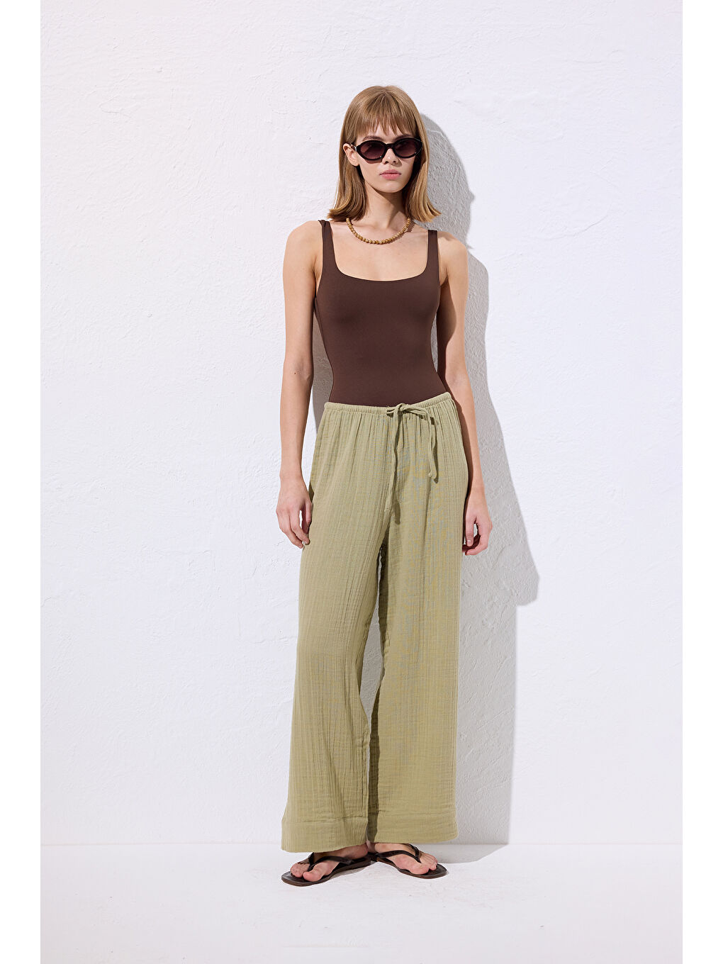 Yeşil Müslin Bağlamalı Pantolon Adaçayı