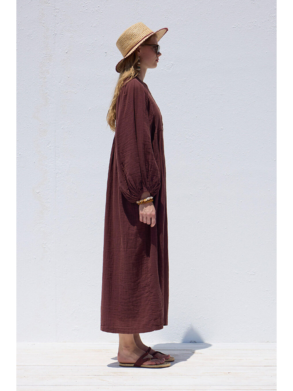Pile Detaylı Müslin Elbise Bordo-6