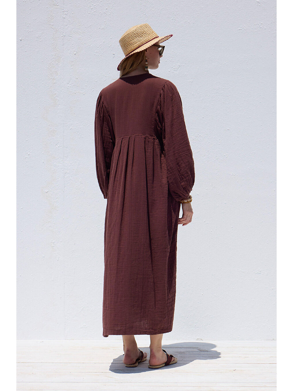 Pile Detaylı Müslin Elbise Bordo-7