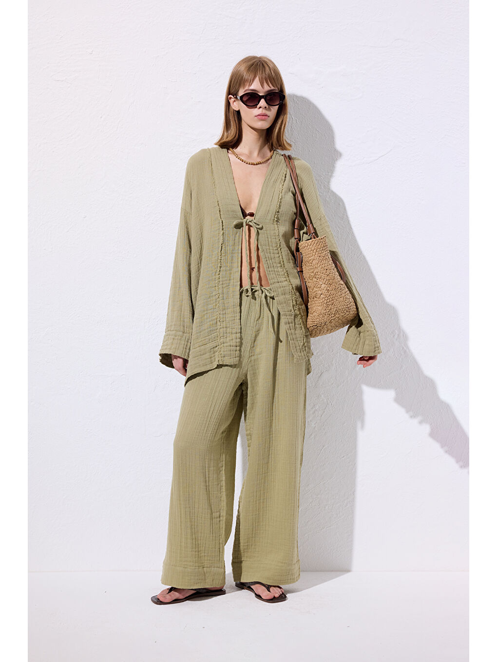 Yeşil Müslin Bağlamalı Pantolon Adaçayı-1