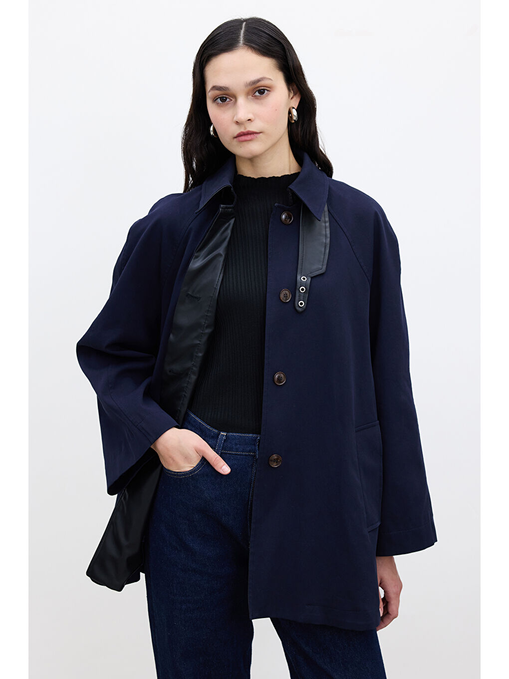 Pelerin Detaylı Trençkot Lacivert-4