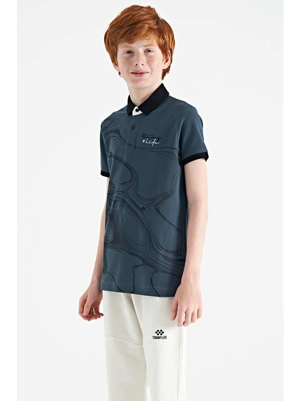 Orman Yeşili Baskı Detaylı Standart Kalıp Polo Yaka Erkek Çocuk Tişört - 11165