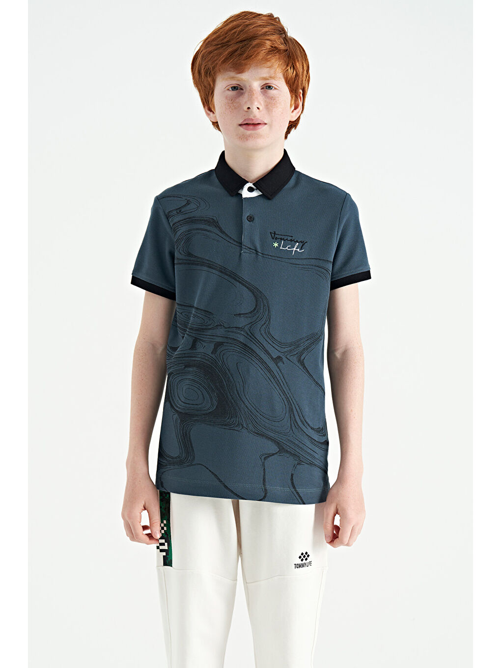 Orman Yeşili Baskı Detaylı Standart Kalıp Polo Yaka Erkek Çocuk Tişört - 11165-1