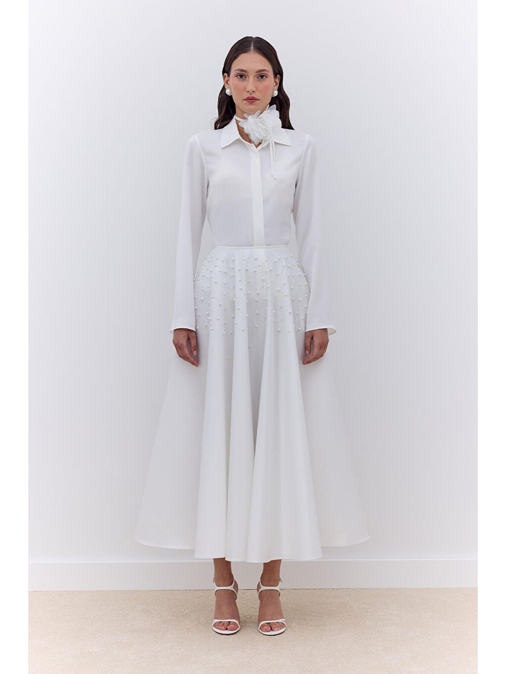 İncili Kloş Abiye Etek Ekru