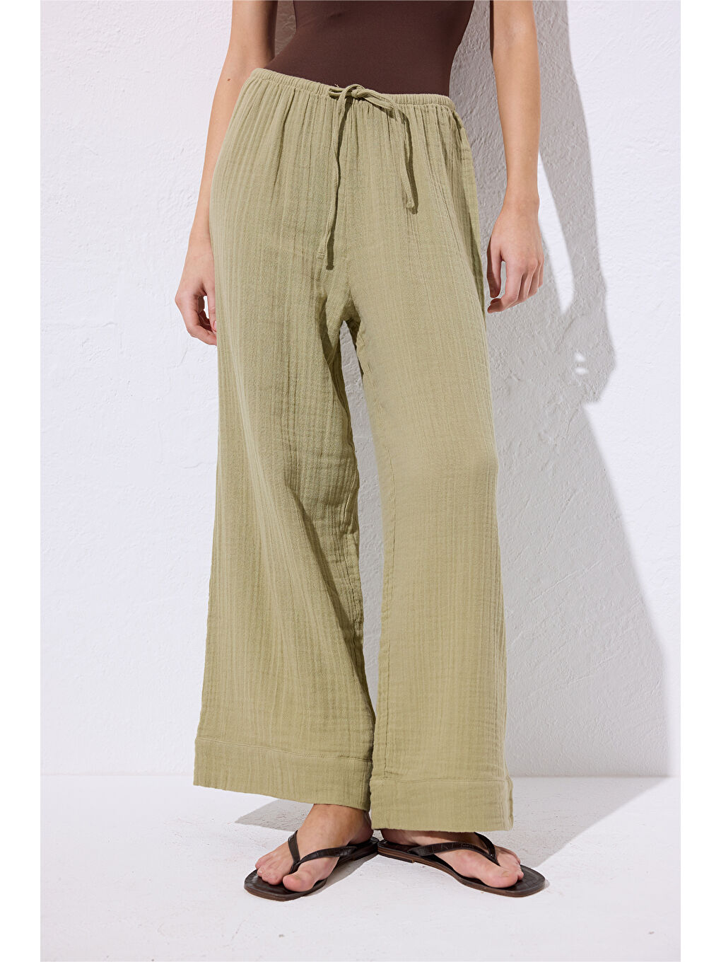 Yeşil Müslin Bağlamalı Pantolon Adaçayı-4
