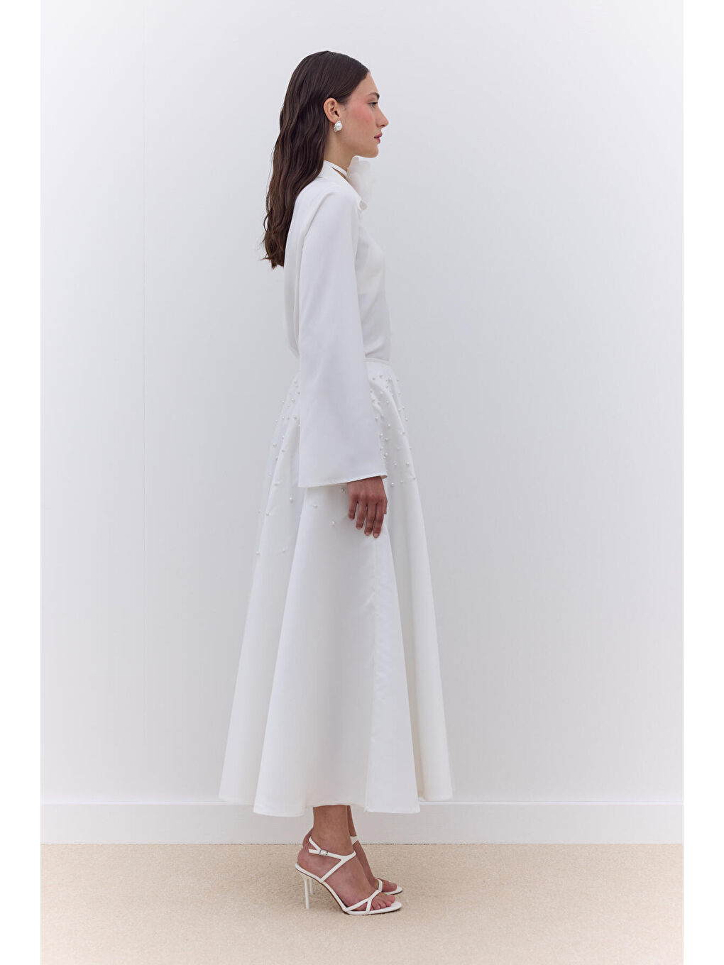 İncili Kloş Abiye Etek Ekru-1