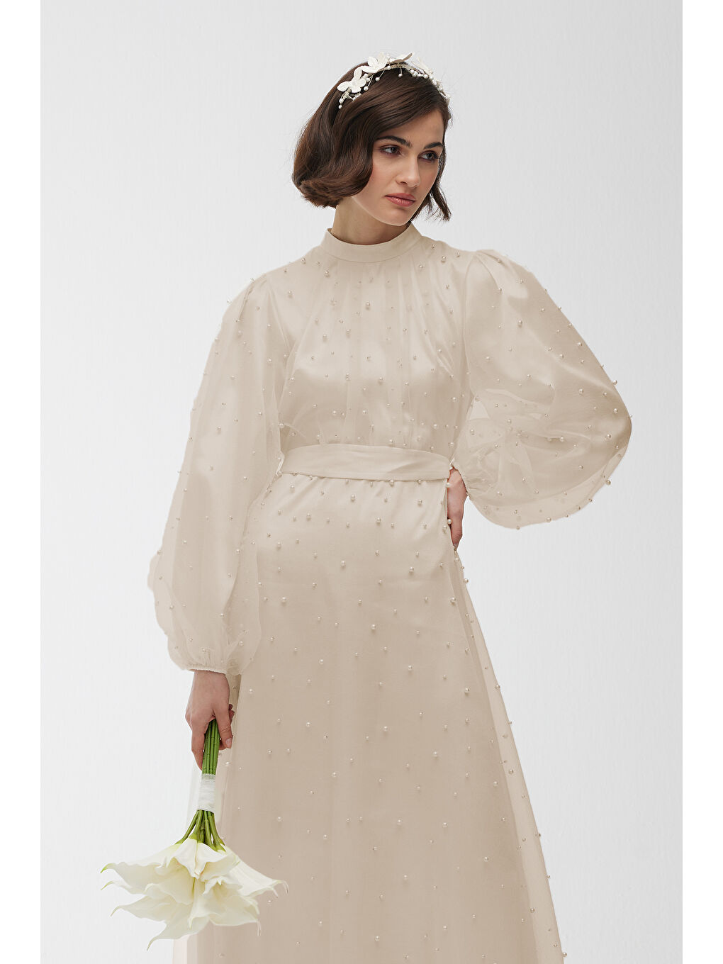 Tül Ve İnci Detaylı Abiye Elbise Bej